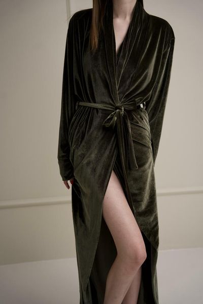 Халат довгий жіночий велюровий оливка - Xl-XXL 16699933316095