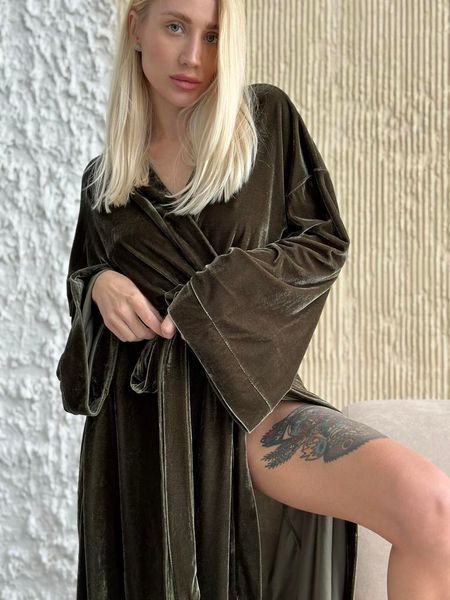 Халат кімоно довгий жіночий велюровий оливка - Xl-XXL 16699923120622