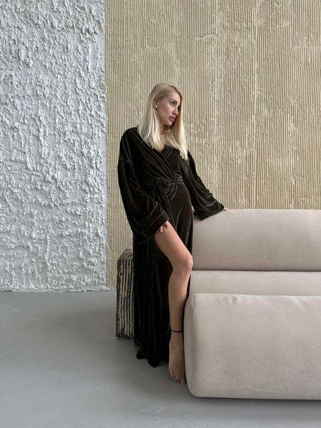 Халат кімоно довгий жіночий велюровий оливка - Xl-XXL 16699923120622