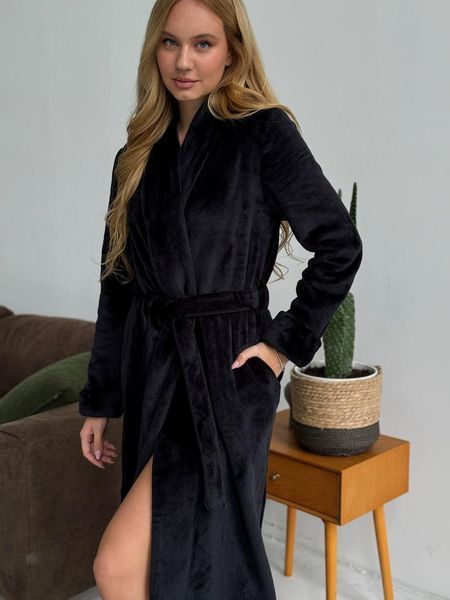 Жіночий халат з капюшоном махровий плюшевий теплий чорний XL-XXL 1739794999700